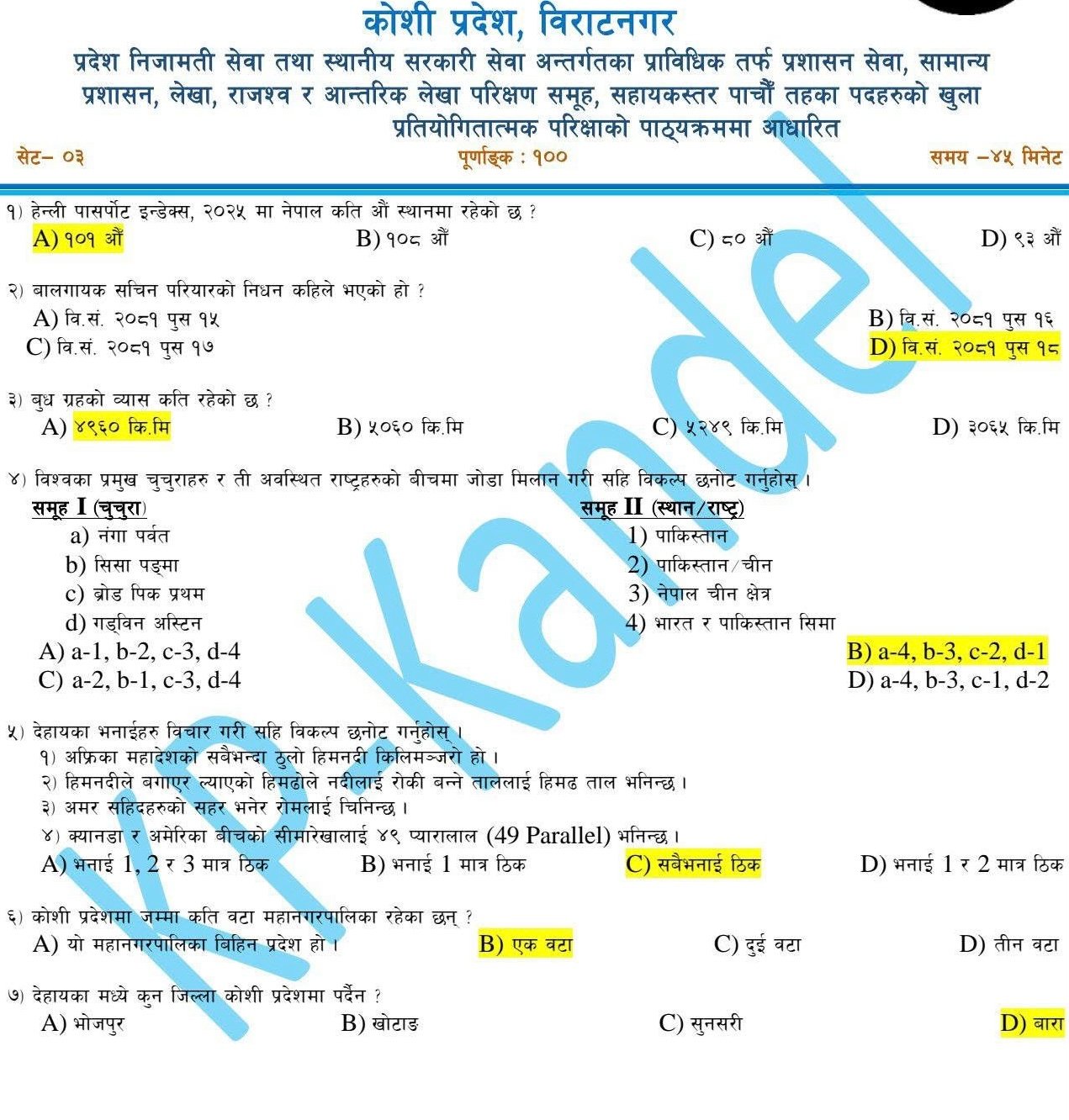 Koshi Loksewa Level 5 Exam Questions Answer | Koshi Pradesh Loksewa Nayab Subba Exam Questions Answer | Koshi Pradesh Loksewa Questions Answer 2081